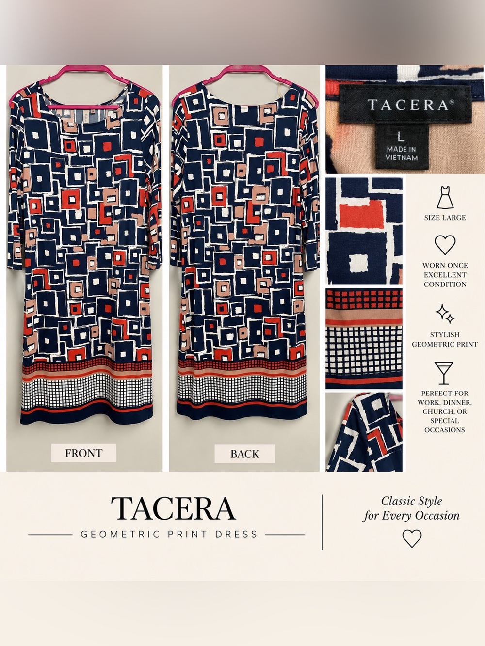 TACERA Navy Geometric Print Tunic with Red and Beige Accents